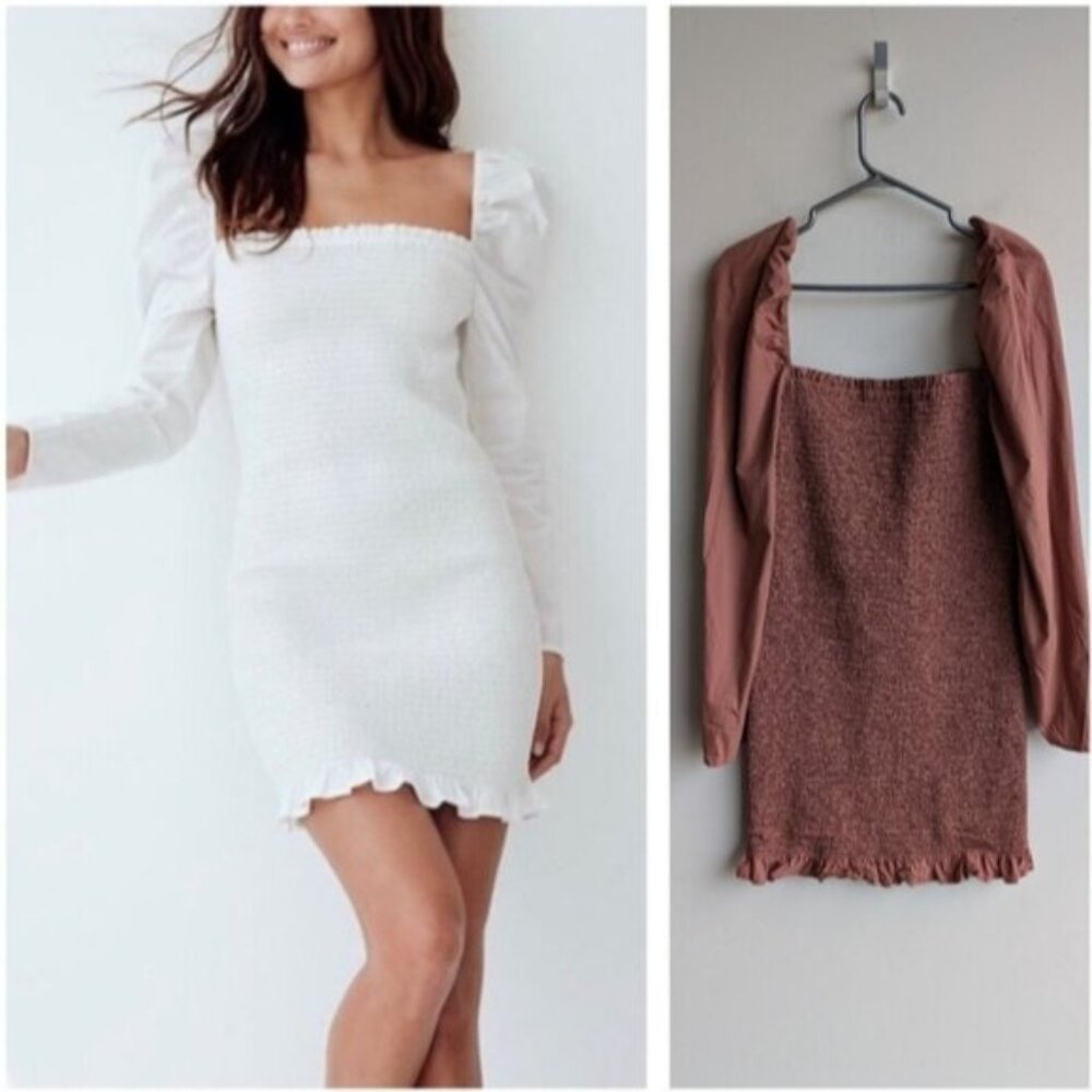 Aritzia Wilfred Maelys puff sleeve shirred long sleeve fitted dress
